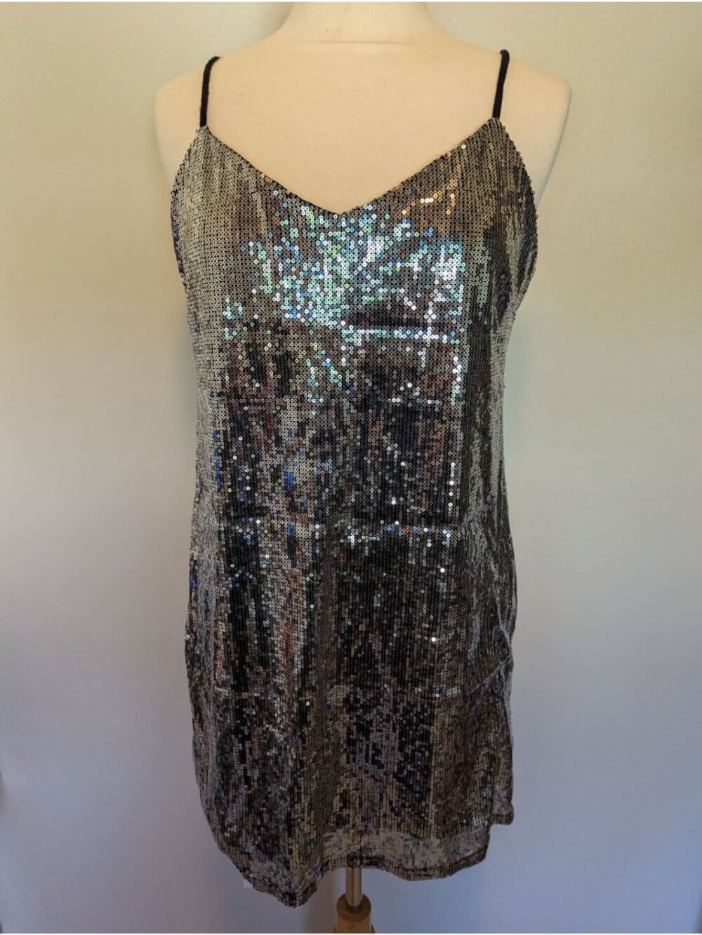 Wild Fable Silver Sequin Mini Dress With Spaghetti Straps & V-Neckline - Party/E